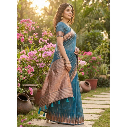 Generic Women's Linen Cotton Printed Saree With Unstitched Blouse 5.5Mtr (Blue)