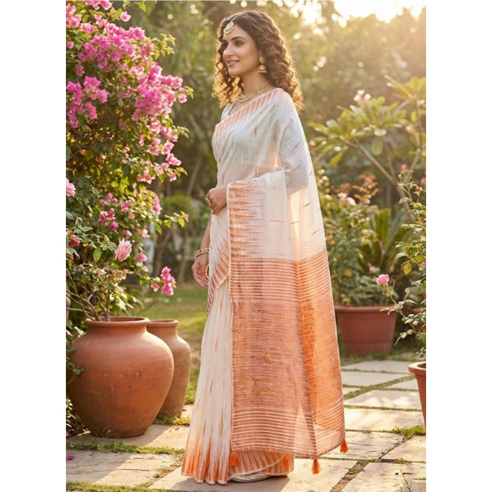 Generic Women's Linen Cotton Printed Saree With Unstitched Blouse 5.5Mtr (White)