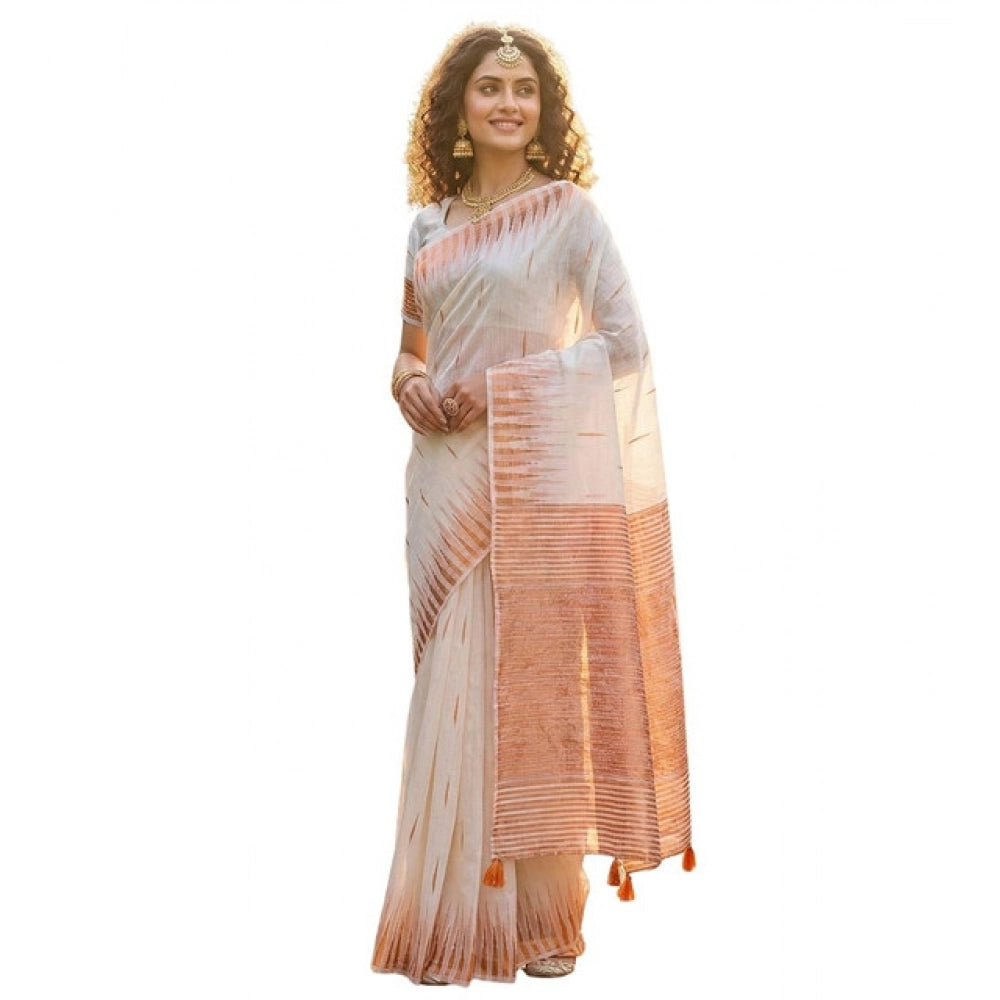 Generic Women's Linen Cotton Printed Saree With Unstitched Blouse 5.5Mtr (White)