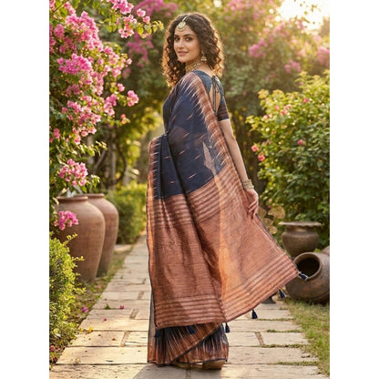 Generic Women's Linen Cotton Printed Saree With Unstitched Blouse 5.5Mtr (Navy Blue)