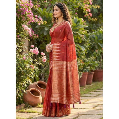 Generic Women's Linen Cotton Printed Saree With Unstitched Blouse 5.5Mtr (Red)