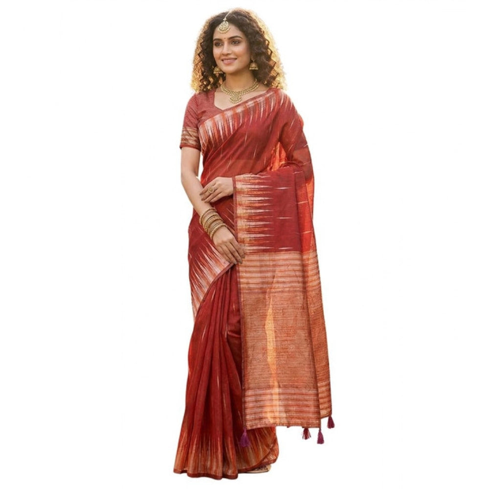 Generic Women's Linen Cotton Printed Saree With Unstitched Blouse 5.5Mtr (Red)