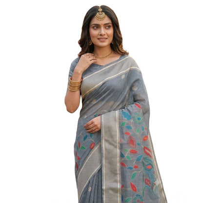 Generic Women's Linen Cotton Floral Embroidered Saree With Unstitched Blouse 5.5Mtr (Gray)