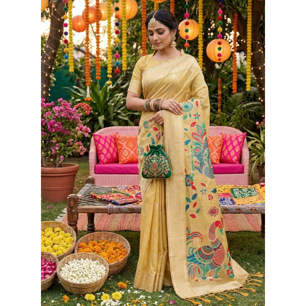 Generic Women's Linen Cotton Floral Embroidered Saree With Unstitched Blouse 5.5Mtr (Yellow)