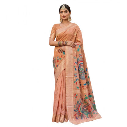 Generic Women's Linen Cotton Floral Embroidered Saree With Unstitched Blouse 5.5Mtr (Peach)