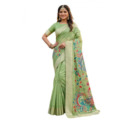 Generic Women's Linen Cotton Floral Embroidered Saree With Unstitched Blouse 5.5Mtr (Light Green)