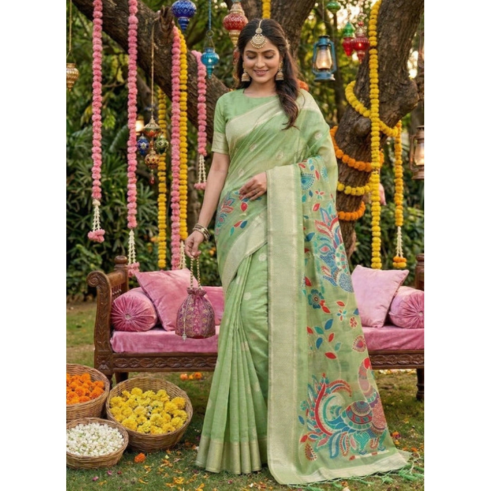 Generic Women's Linen Cotton Floral Embroidered Saree With Unstitched Blouse 5.5Mtr (Light Green)