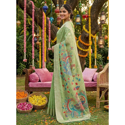 Generic Women's Linen Cotton Floral Embroidered Saree With Unstitched Blouse 5.5Mtr (Light Green)