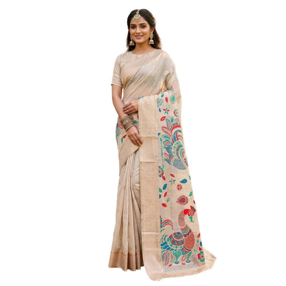 Generic Women's Linen Cotton Floral Embroidered Saree With Unstitched Blouse 5.5Mtr (Cream)
