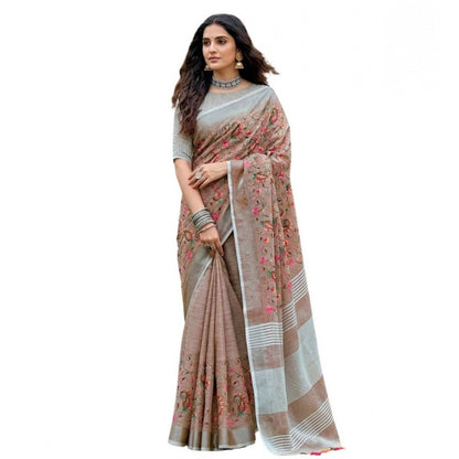 Generic Women's Linen Floral Embroidered Saree With Unstitched Blouse 5.5Mtr (Brown)