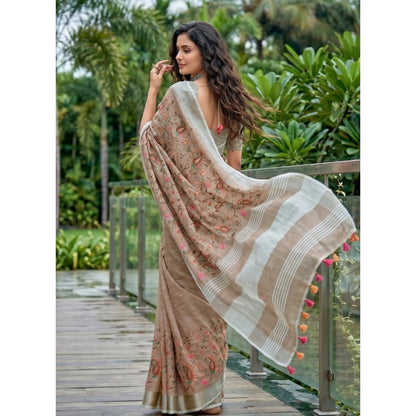 Generic Women's Linen Floral Embroidered Saree With Unstitched Blouse 5.5Mtr (Brown)