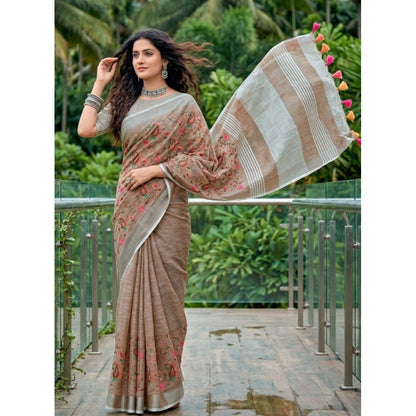 Generic Women's Linen Floral Embroidered Saree With Unstitched Blouse 5.5Mtr (Brown)