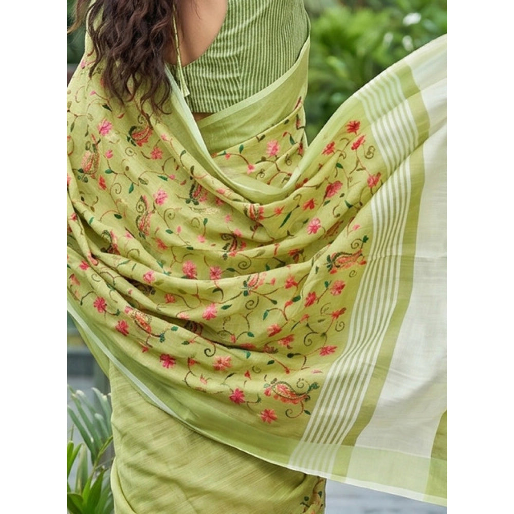 Generic Women's Linen Floral Embroidered Saree With Unstitched Blouse 5.5Mtr (Light Green)