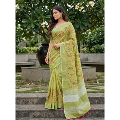 Generic Women's Linen Floral Embroidered Saree With Unstitched Blouse 5.5Mtr (Light Green)