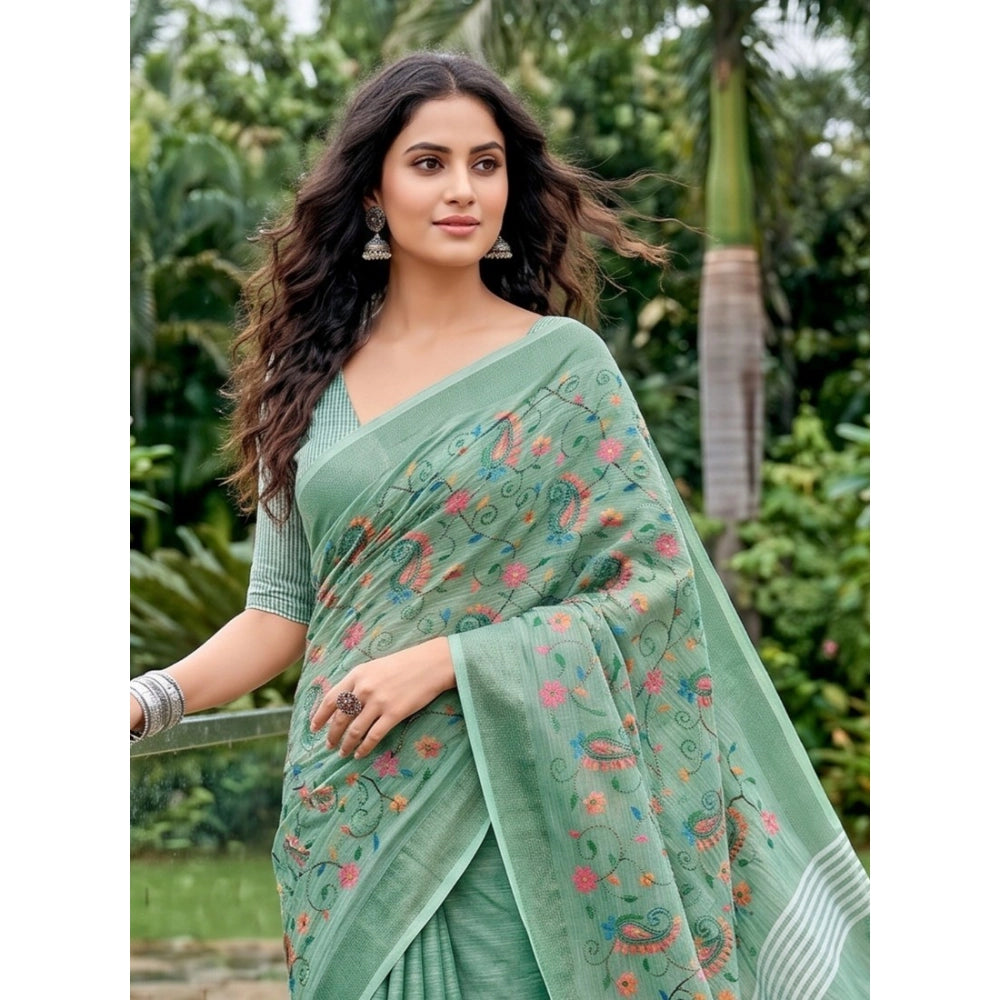 Generic Women's Linen Floral Embroidered Saree With Unstitched Blouse 5.5Mtr (Sea Green)