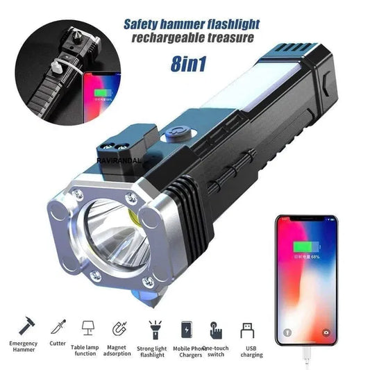 8 in 1 Rechargeable LED Flashlight – Car Emergency Hammer, Seatbelt Cutter & Power Bank