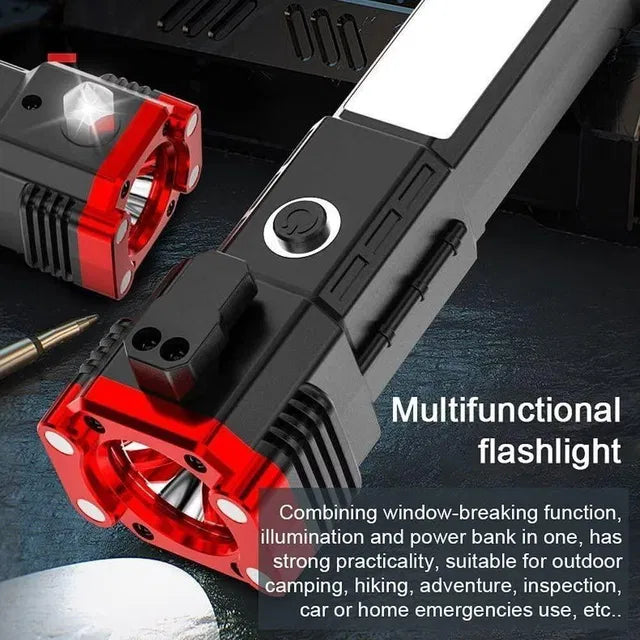 8 in 1 Rechargeable LED Flashlight – Car Emergency Hammer, Seatbelt Cutter & Power Bank