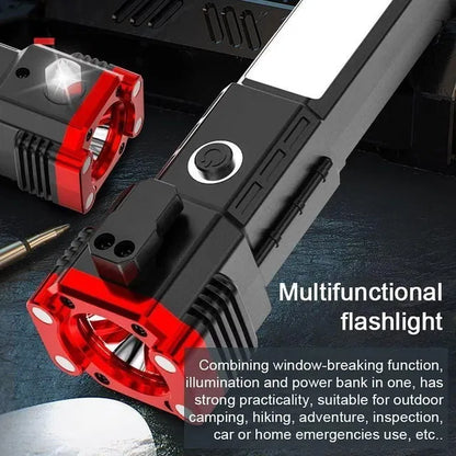 8 in 1 Rechargeable LED Flashlight – Car Emergency Hammer, Seatbelt Cutter & Power Bank