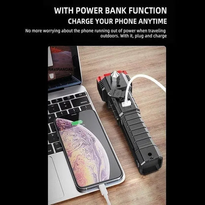 8 in 1 Rechargeable LED Flashlight – Car Emergency Hammer, Seatbelt Cutter & Power Bank