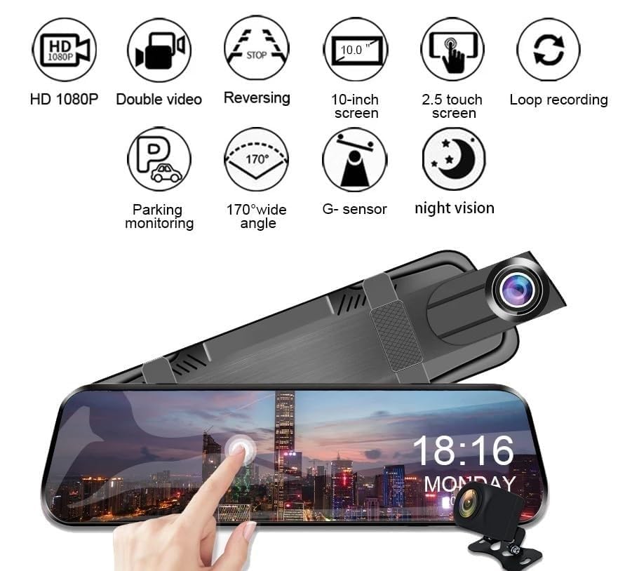 Dual lens dash cam mirror with front and rear recording features